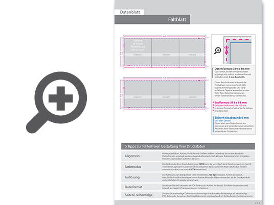 Product Bild faltblatt__gefalzt_auf_din_a7_quer__6-seiter_(wickelfalz)__beidseitig_bedruckt_(4_4_farbig_+_2_sonderfarben_hks)